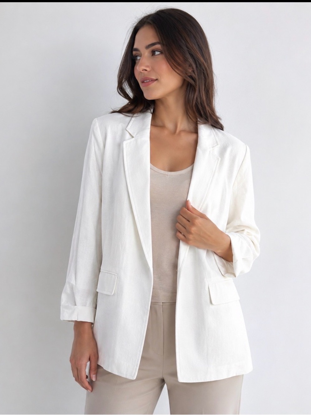 Anne Klein Cream Single-Button Linen-Blend Blazer, Small